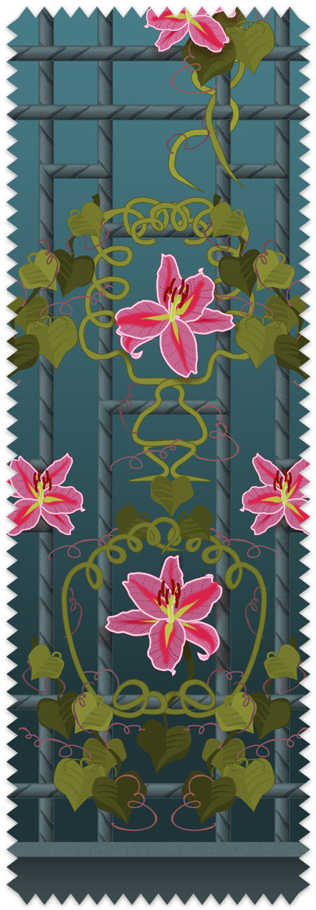 The artwork is a vertical panel featuring a symmetrical design of vibrant pink lilies with yellow and white accents in their petals. The flowers are intertwined with olive-green vines and heart-shaped leaves that wind gracefully across the panel. The background is a gradient of dark to light teal, divided by a lattice-like grid of thick, dark horizontal and vertical lines with a zigzagged edge surrounding the entire image. The floral elements create a striking contrast against the geometric background, blending organic forms with structured patterns for a balanced, elegant composition.